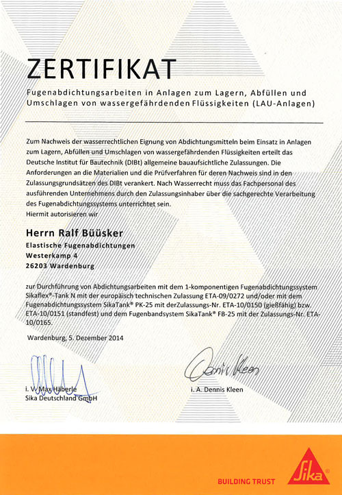 WIR SIND ZERTIFIZIERT f�r LAU-Anlagen